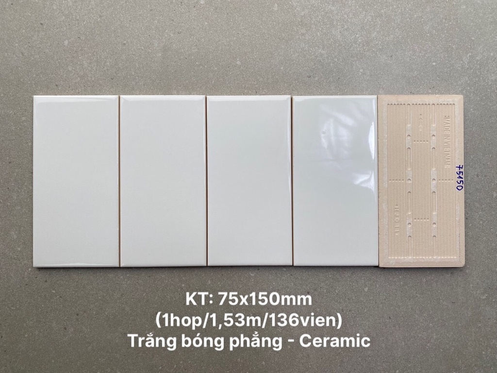 gạch thẻ trắng bóng phẳng kích thước 75x150mm STA75150